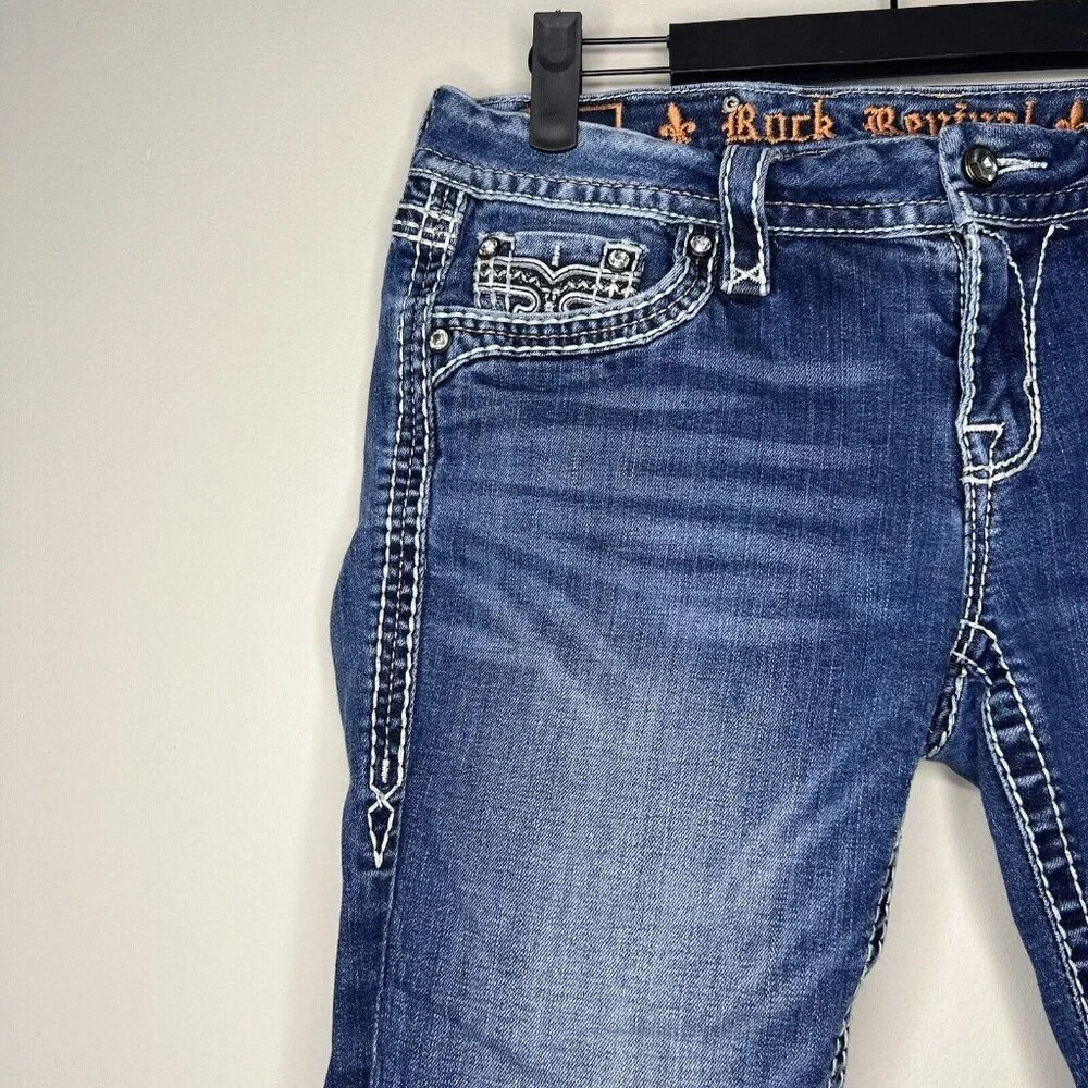 Rock Revival Clover Capri Jeans Size 28 Distressed Jewels - Picture 4 of 13